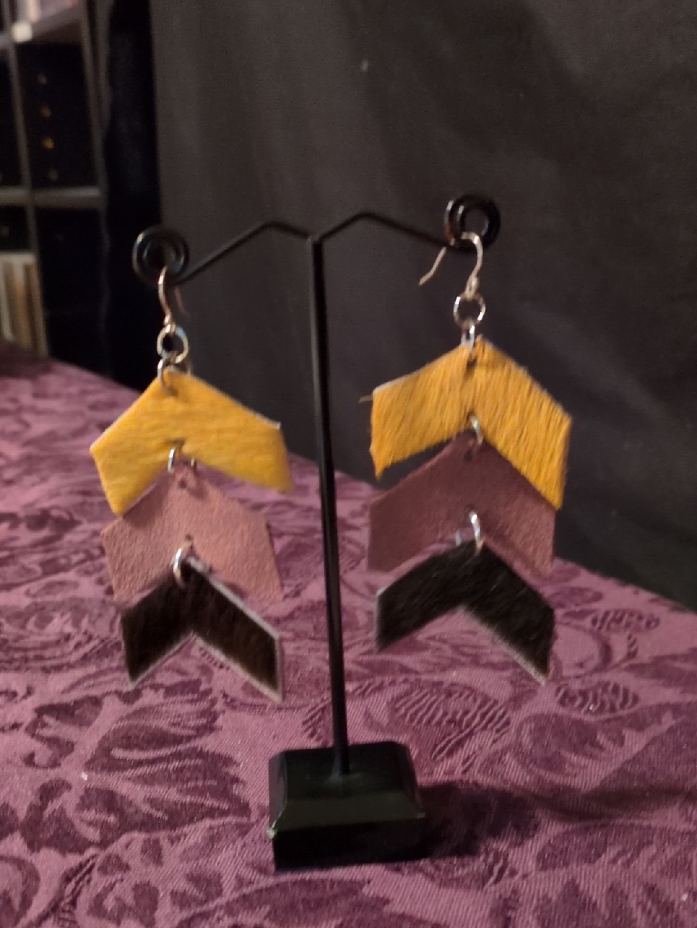 Handmade Tri-Color Chevron GenuineLeather Drop Earrings - Yellow, Mauve, Brown
